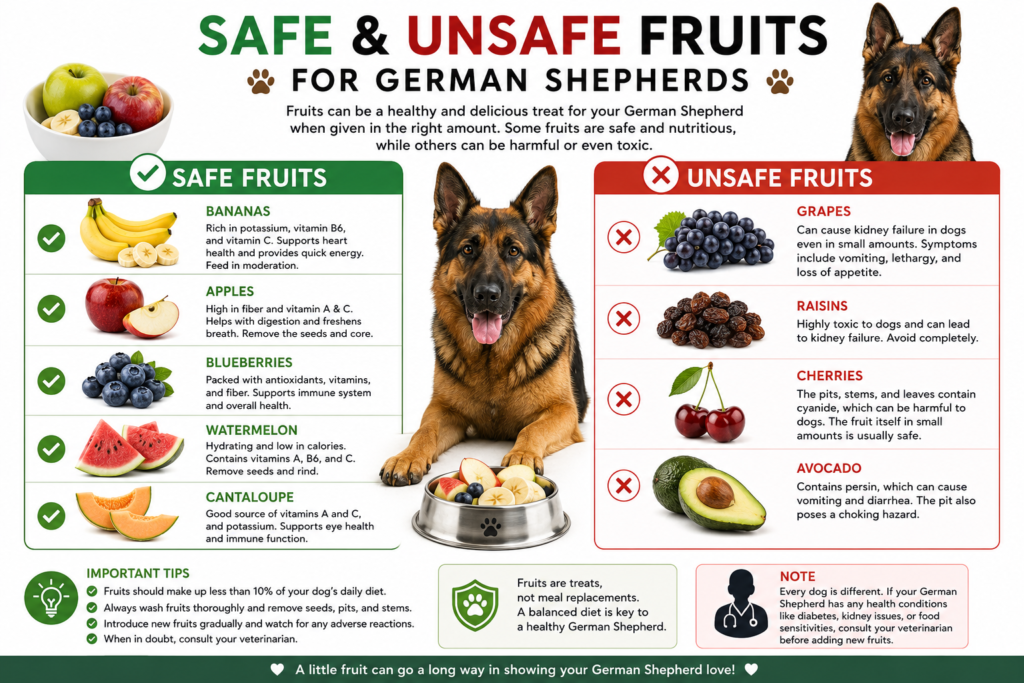 Safe and unsafe fruits for German Shepherds comparing bananas, apples, blueberries, grapes, raisins, cherries, and avocado.
