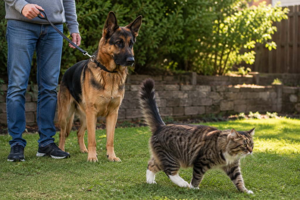 German Shepherd watching a cat calmly to explain why German Shepherds chase cats because of natural prey drive