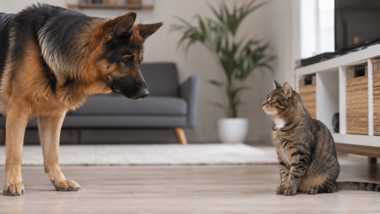 Will a German Shepherd kill a cat? German Shepherd calmly meeting a house cat during a safe supervised introduction indoors